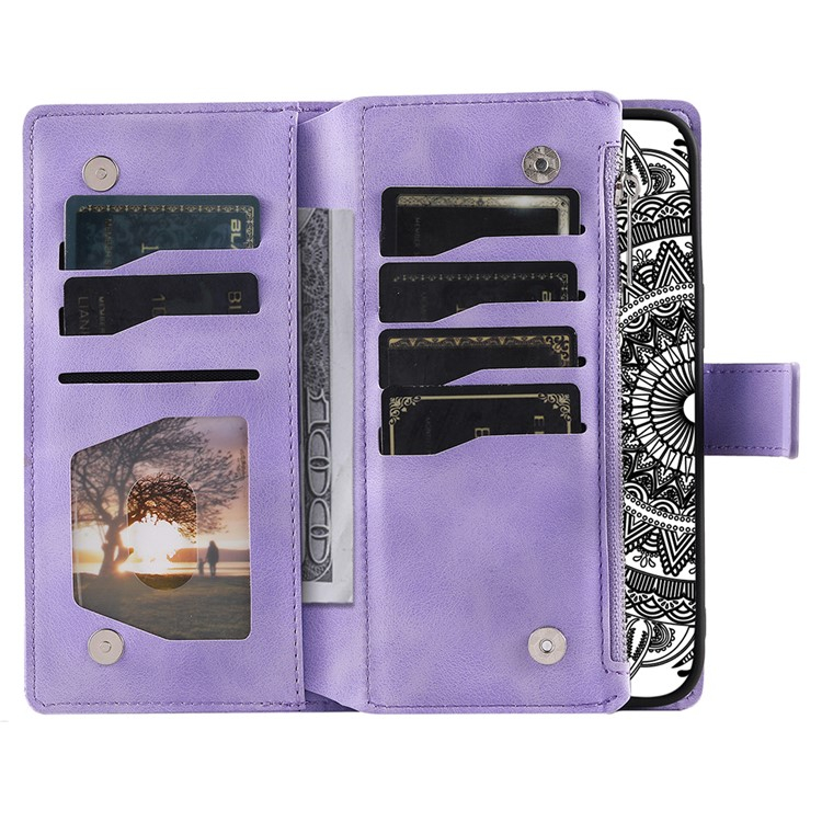 Samsung Galaxy A56 Leder Tasche Flip Cover mit Reissverschluss - Mandala Flowers Imprint - Lila