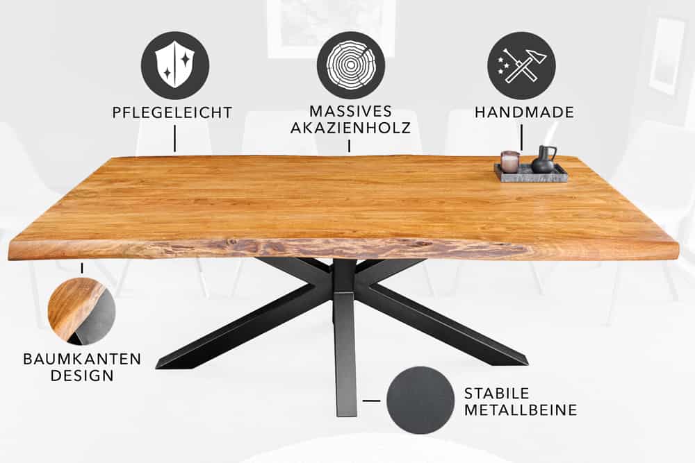 Massivholz Esstisch MAMMUT 200cm Akazie schwarz Metall Baumkante 5cm Tischplatte