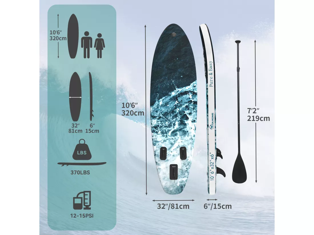 YITAHOME Planche de Surf - Adulte - avec Sac étanche - Pompe - Bateau Debout Adultes - 81x320x15cm - Bleu Marine