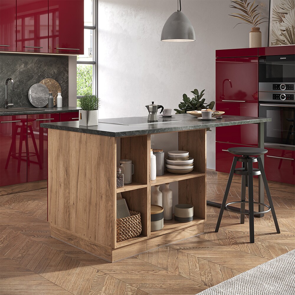Vicco Kücheninsel Küchenblock Einbauküche Fame-Line Eiche Bordeaux Rot 90 cm modern Hochglanz Küchen Schränke Apothekerunterschrank Schubunterschrank Regalinselunterschrank Softclose-Scharnier Küchenmöbel