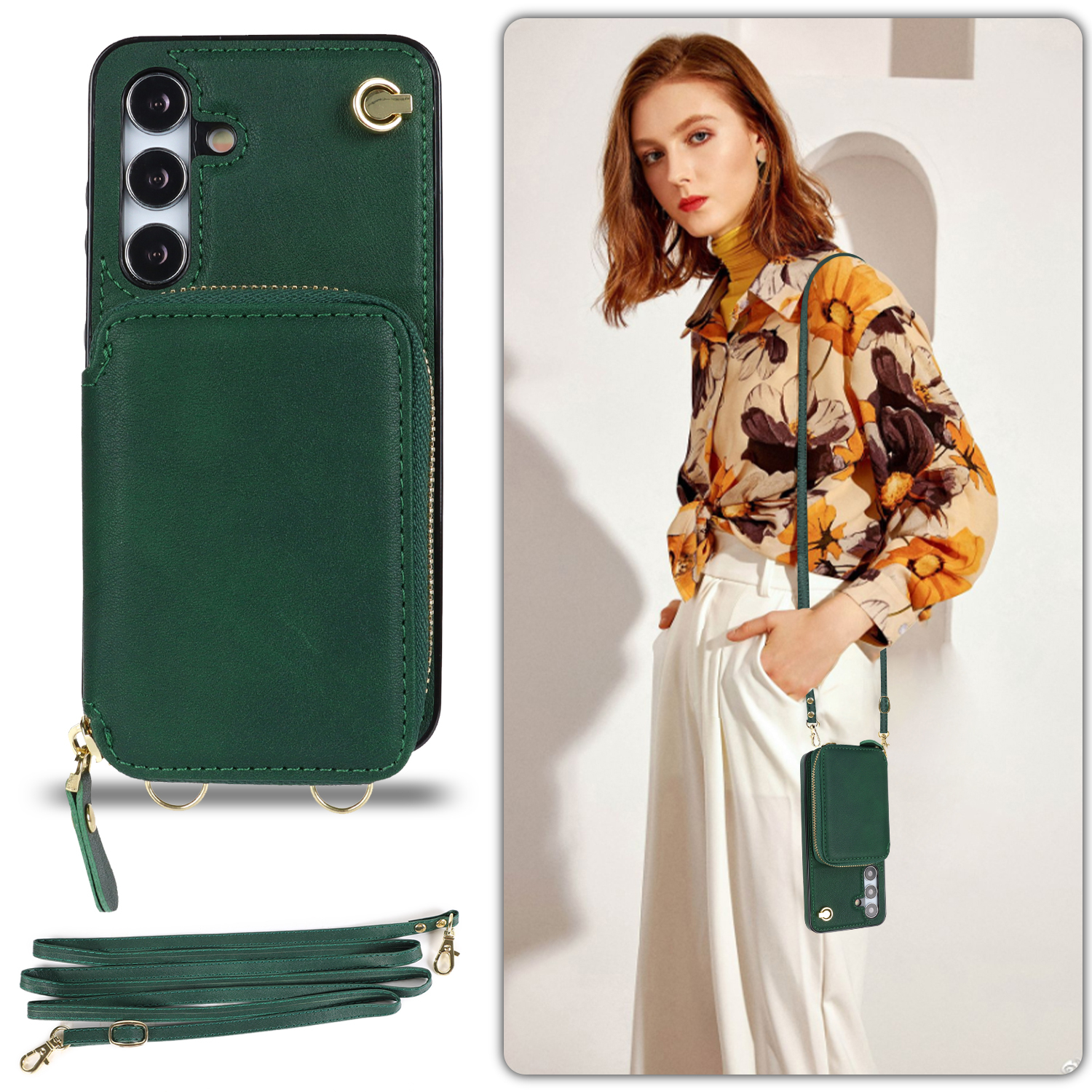 Samsung Galaxy S24  Plus Necklace Leder Schutz Hülle mit Kartenfächer   Handykette (140cm) - Dunkelgrün