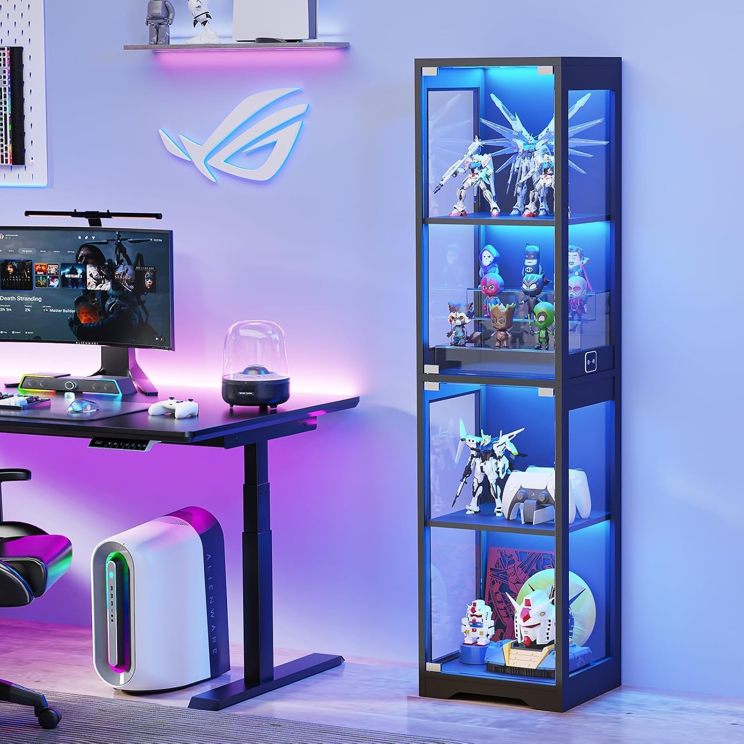 Glasvitrine mit Dreifarbig LED Beleuchtung und Glastüren, Glasvitrine Stehend mit Körpersensor-System, Sammlervitrine für Wohnzimmer, Büro, Bücher, Spielzimmer, Schwarz (40 x 35 x 160cm)