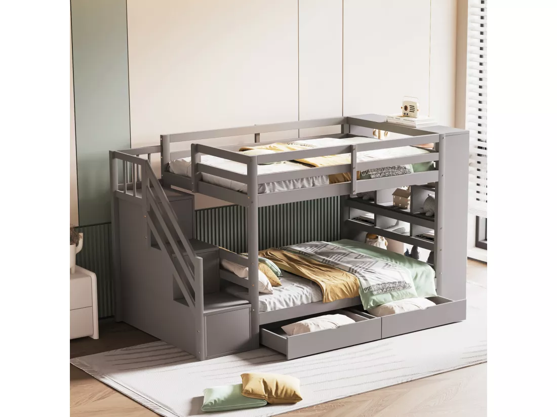 Lit superposé 90x200cm - lit enfant avec 2x sommier à lattes, escalier avec rangement, 2 tiroirs et grands casiers - lit en pin Gris