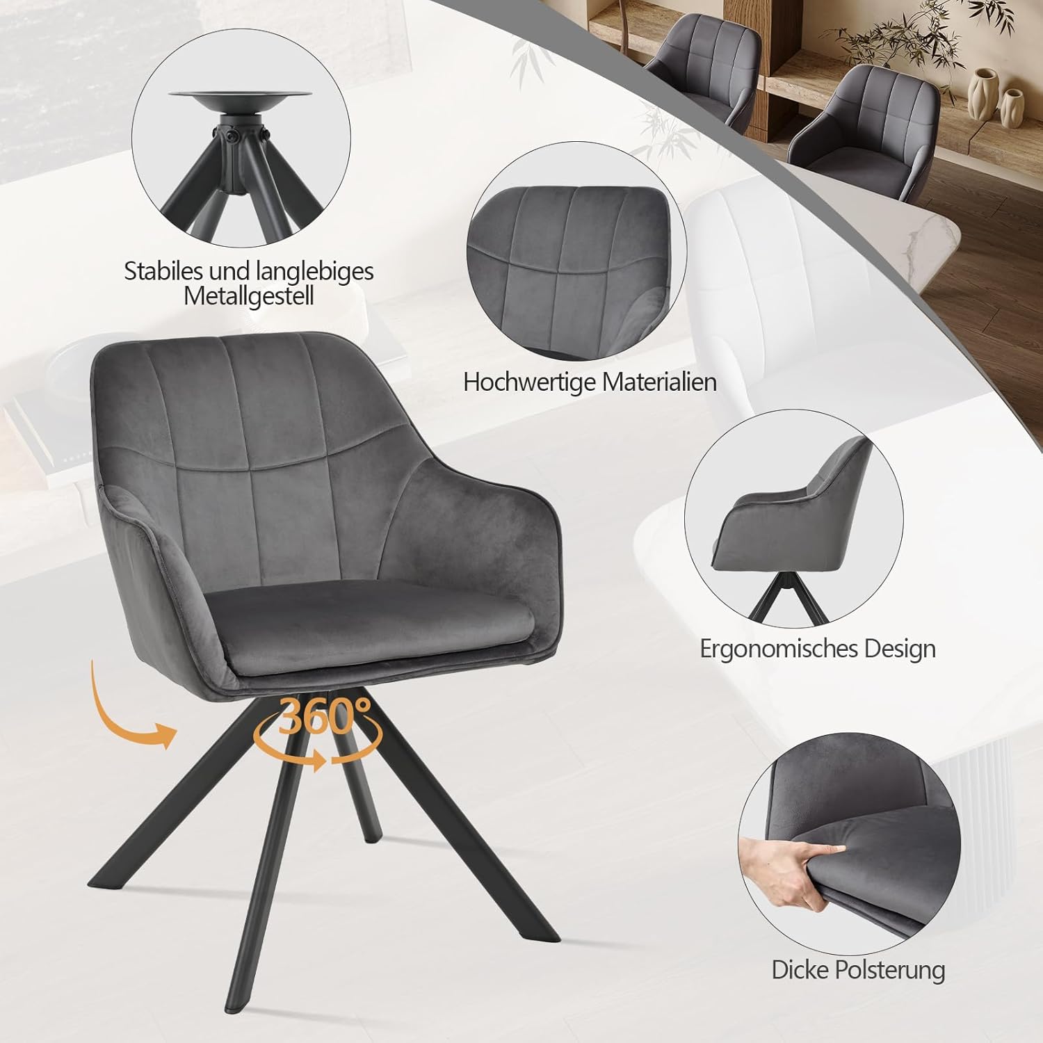 Esszimmerstühle drehbar 6er Set Grau Armlehnenstuhl Polsterstuhl drehstuhl Esszimmer drehstühle aus Samt Küchenstuhl mit Metallbeine für Wohnzimmer Esszimmer