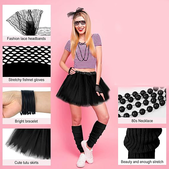 (19-tlg. Set) Fasnachts Erwachsenen Kostüm 80er Jahre Neon Verkleidung für Motto Partys inkl. Netzhandschuhe / Tüllrock / Stulpen / Brille - Schwarz