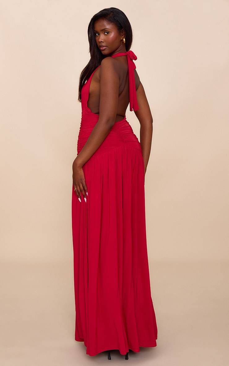 Rouge Robe Longue Froncée Double Épaisseur En Tissu Fluide