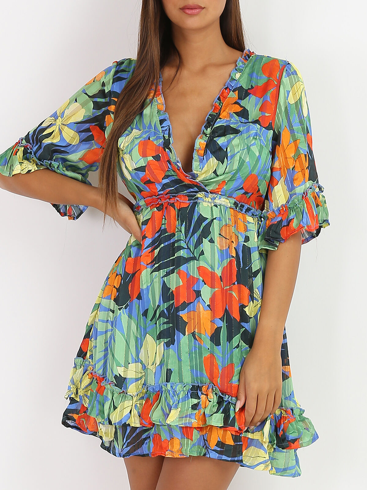 Robe patineuse dos nu à fleurs- Bleu