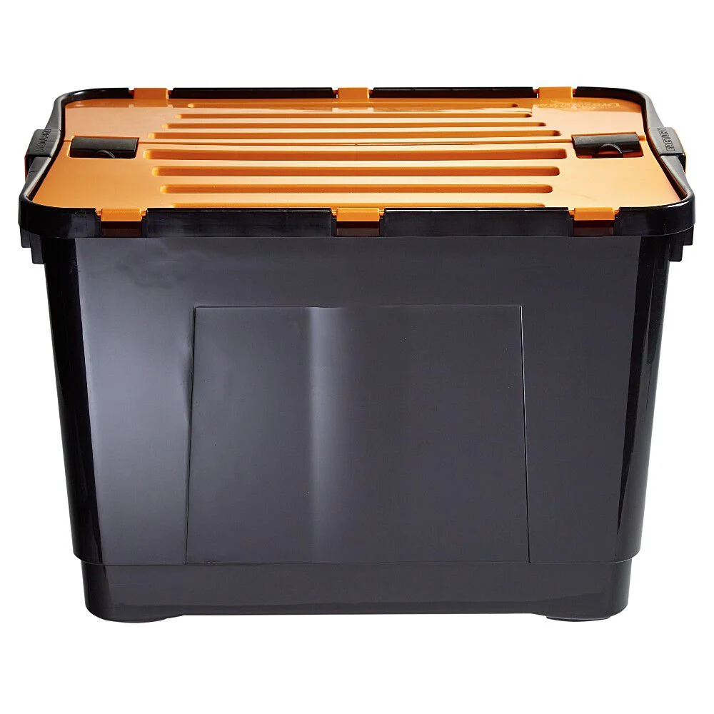 Box de rangement brico noir avec couvercle orange à double ouverture 80L