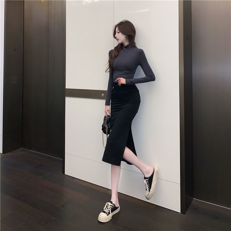 Aurora - Set: Lange mouwen coltrui effen slim fit crop T-shirt + hoge taille split midi kokerrok