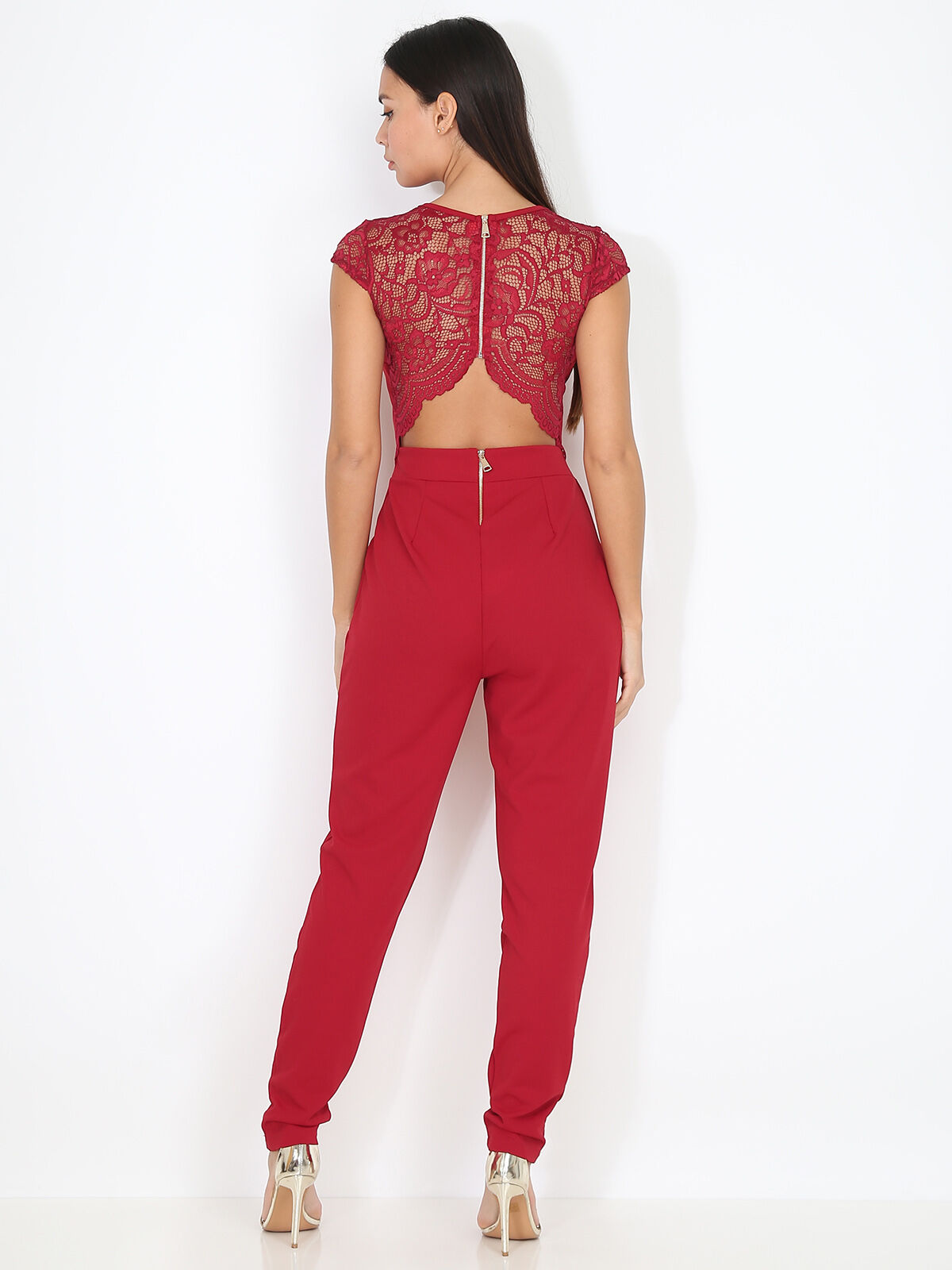 Combi-pantalon moulante à dentelle- Bordeaux