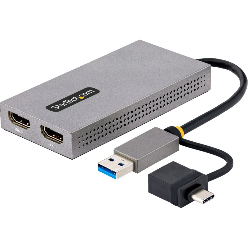 StarTech.com Adaptateur USB vers Double HDMI - USB A/C vers 2 Écrans HDMI (1x 4K30Hz, 1x 1080p) - Dongle Intégré USB-A vers C, Câble de 11cm - Adaptateur USB 3.0 vers HDMI - Convertisseur USB HDMI, Windows/MacOS