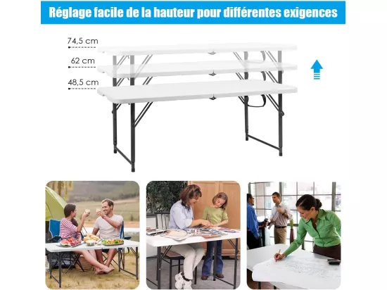 Table Pliante Jardin, Table de Pique-nique avec 3 Hauteurs Réglables, Table de Salle à Manger Portable pour Camping, Fête