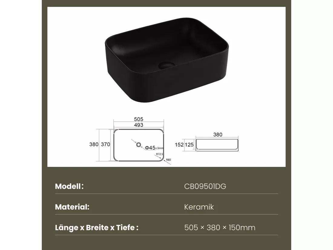 EMKE Vasque à Poser 505 x 380 x 150 mm, Lavabo Rectangulaire en Céramique pour Salle de Bain, Coins Arrondis R, Gris Foncé Mat