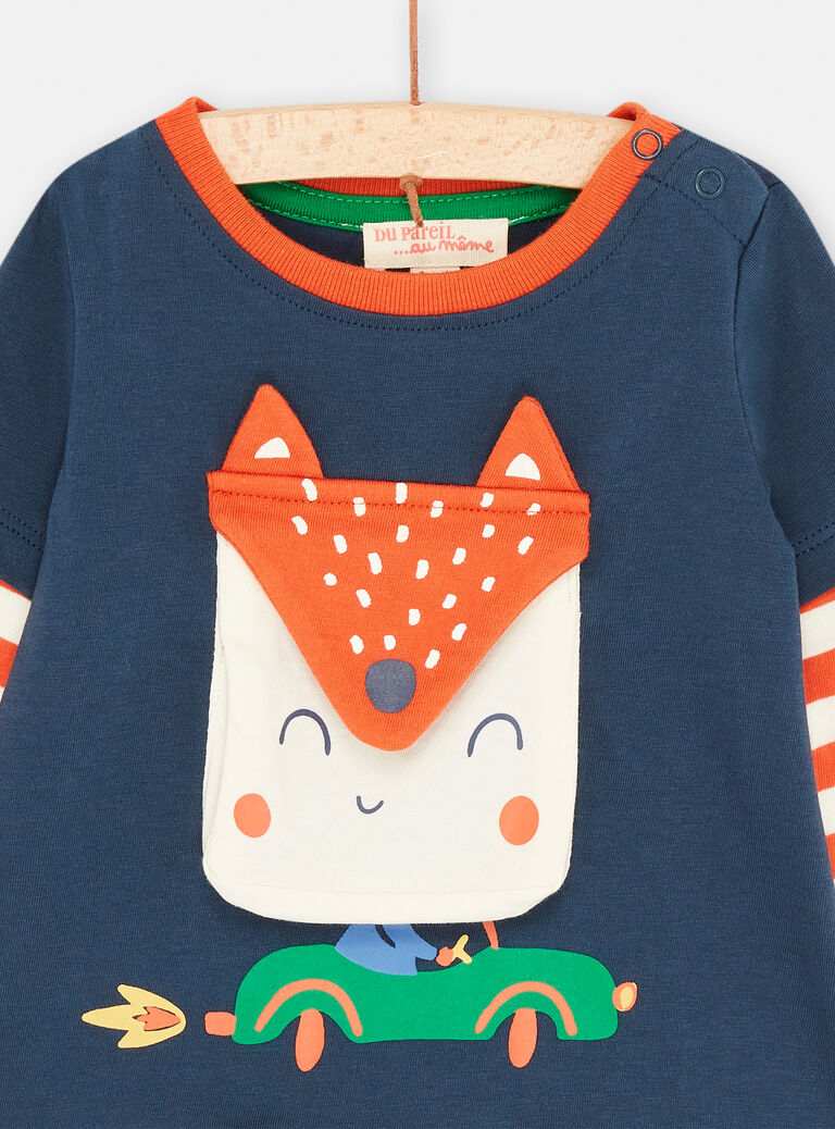 T-shirt bleu outremer à poche renard pour bébé garçon