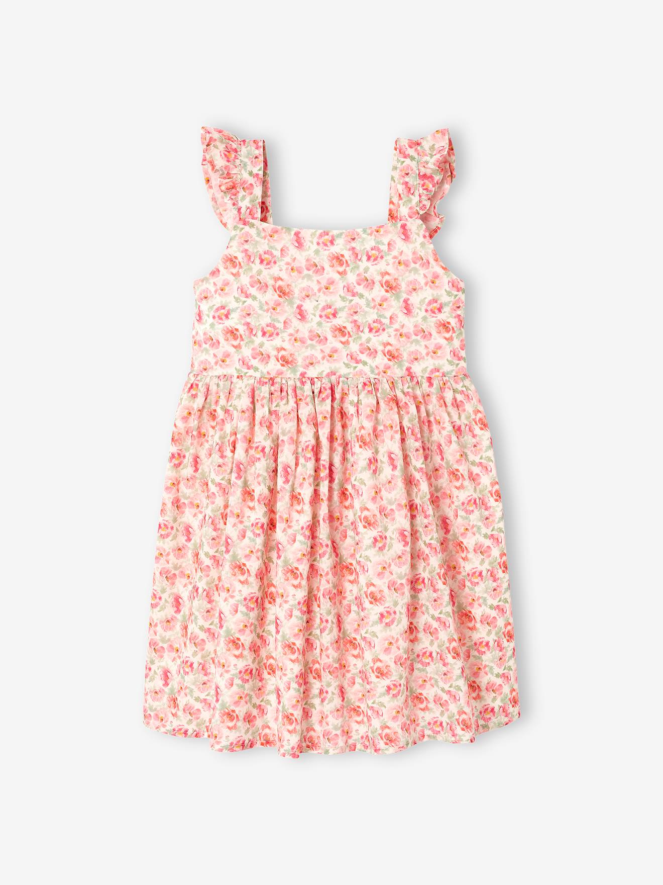 Vestido de festa com flores e alças com babados, estampa branca clara.