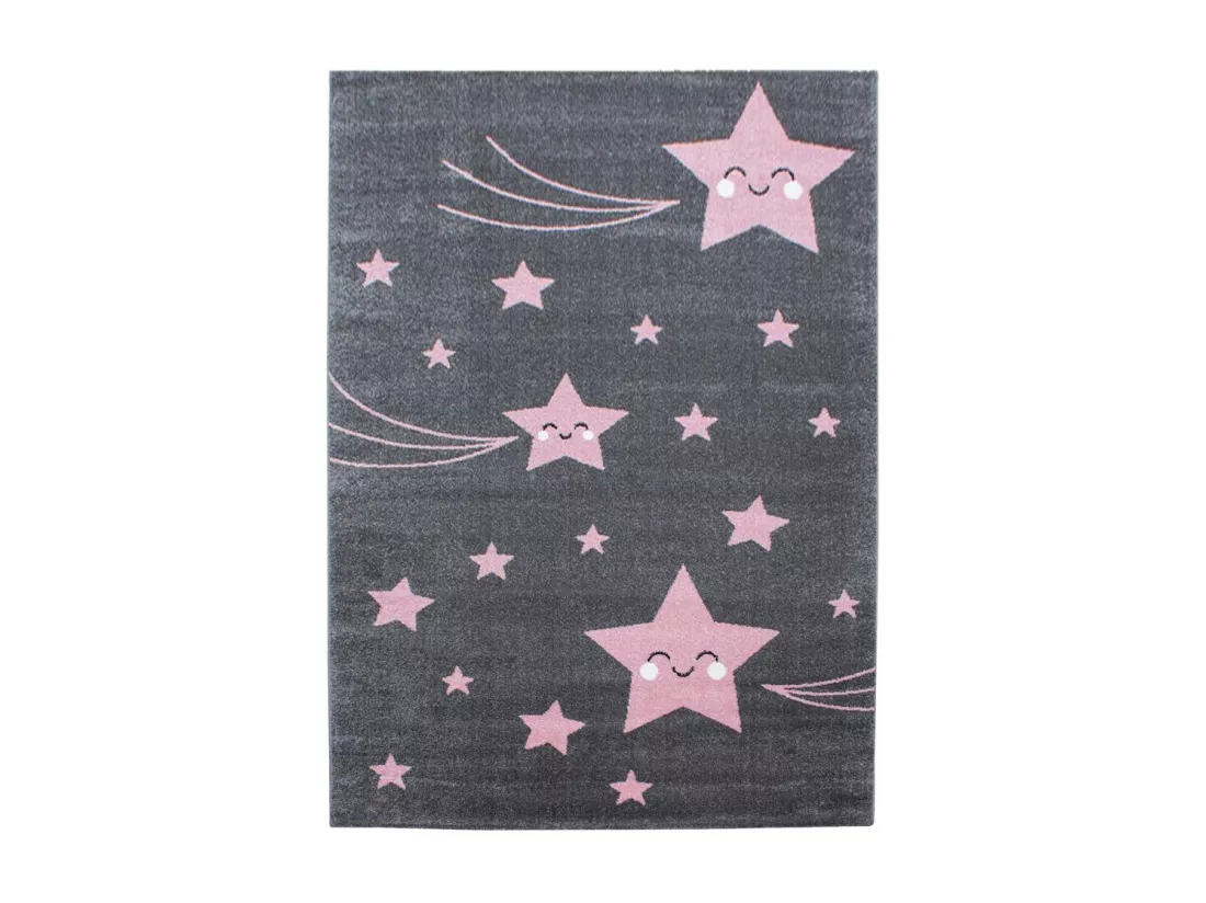 Tapis enfant 80x150 rectangle tissé rose et gris KID STARS