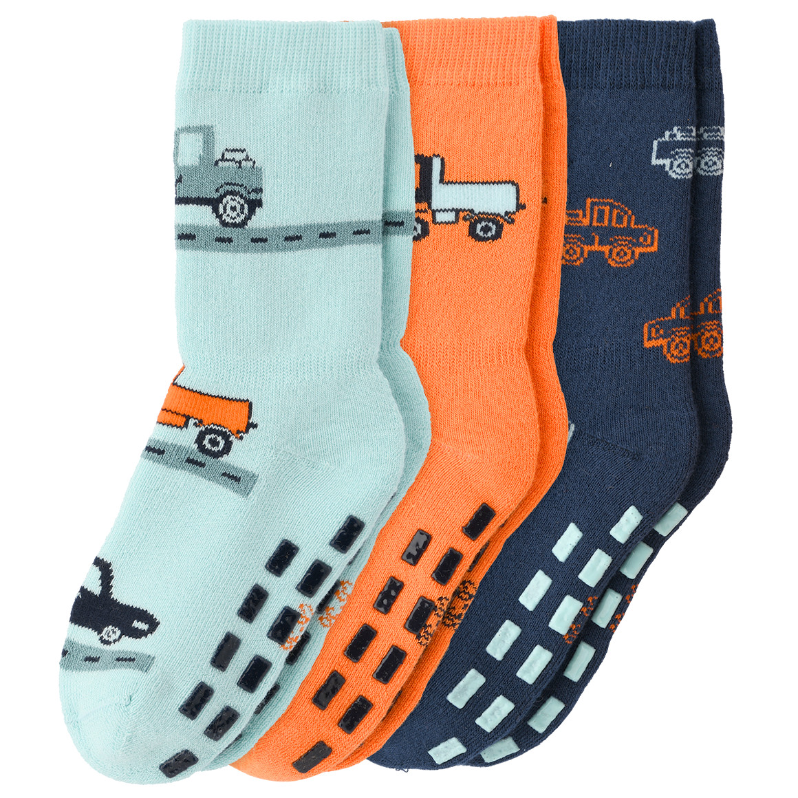 Topomini 3 Paar Baby Stoppersocken mit Auto-Motiven dunkelblau / orange / türkis