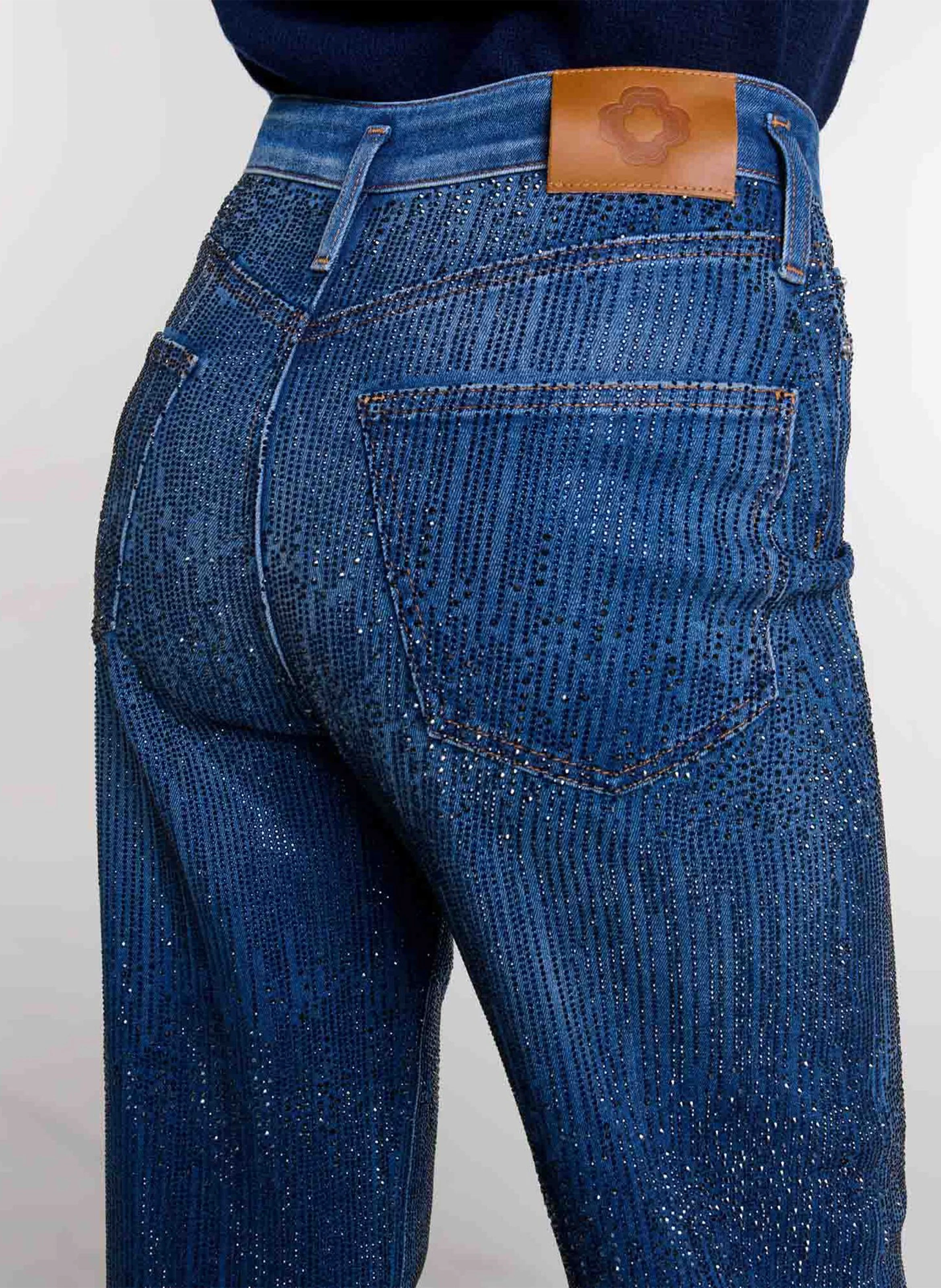 Jean large strassé en coton mélangé | Bleu