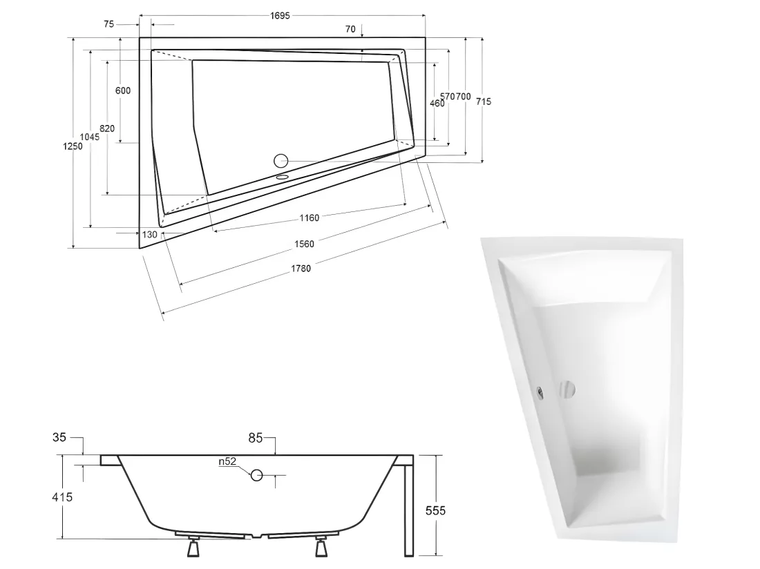 Baignoire asymétrique + tablier blanc + repose tête - INTIMA DUO - 170 x 125 cm - Gauche