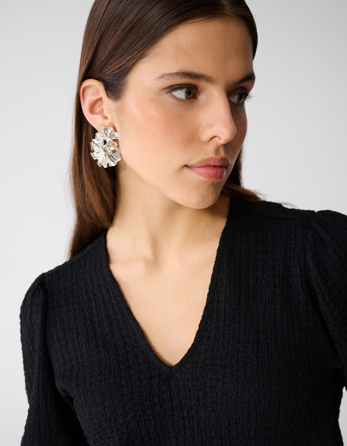 Crinkle V-Hals Top Zwart