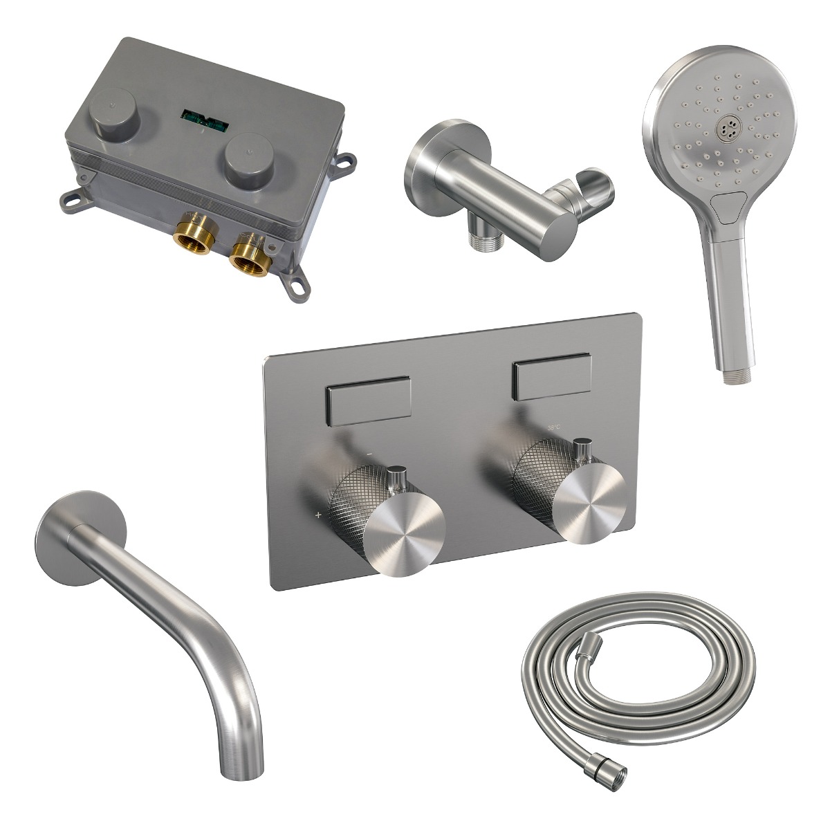 Brauer Brushed Carving thermostatische inbouw badkraan met uitloop en 3 standen handdouche set 4 RVS geborsteld PVD