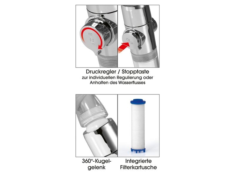 EASYmaxx Handbrause mit Wasserstopp und Druckregler Duschkopf mit Präzisionsdüsen und Filter