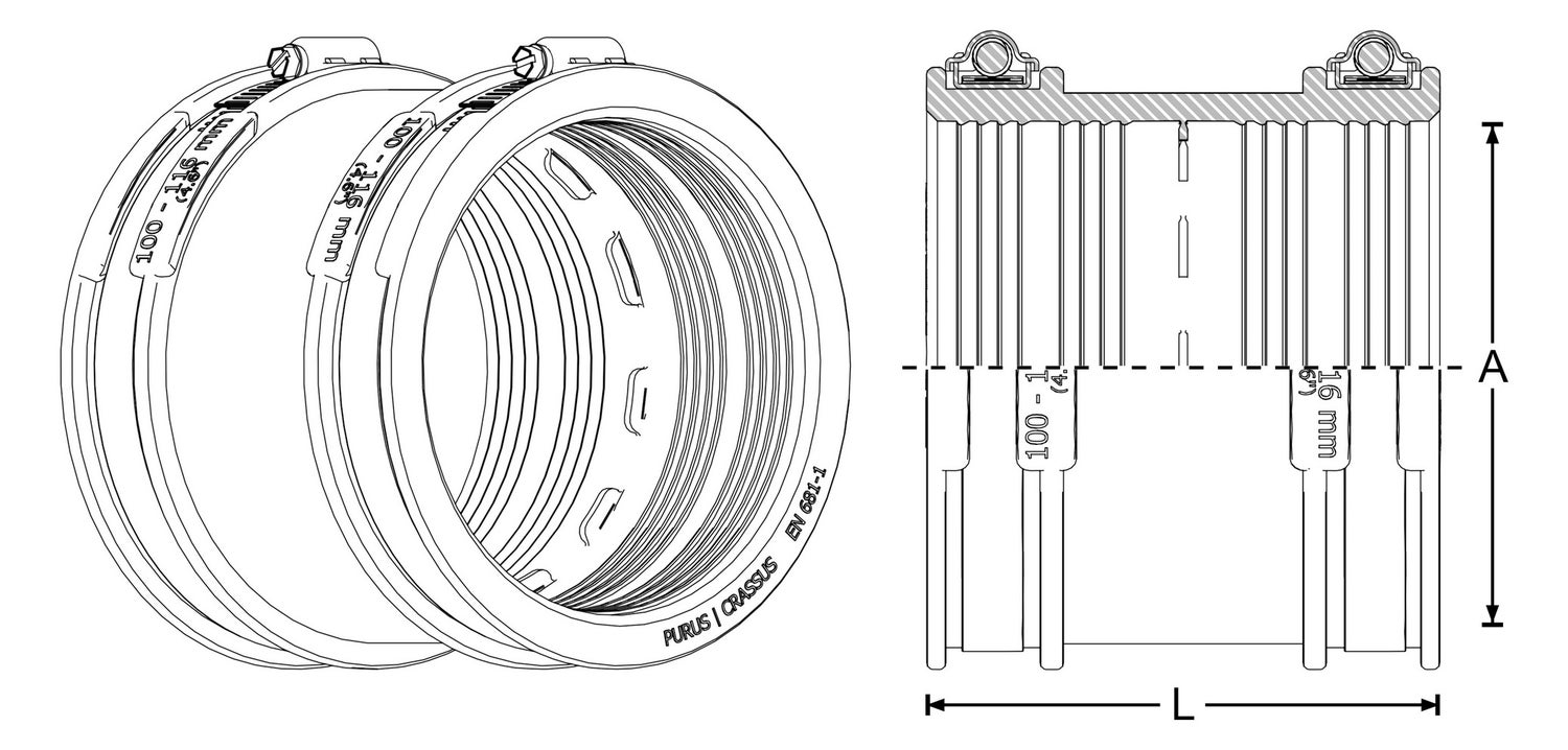CRASSUS slangadapter type 1 CDC 100, CRA11018, externe adapter voor het aansluiten van twee afvalwaterleidingen met dezelfde buisafmetingen