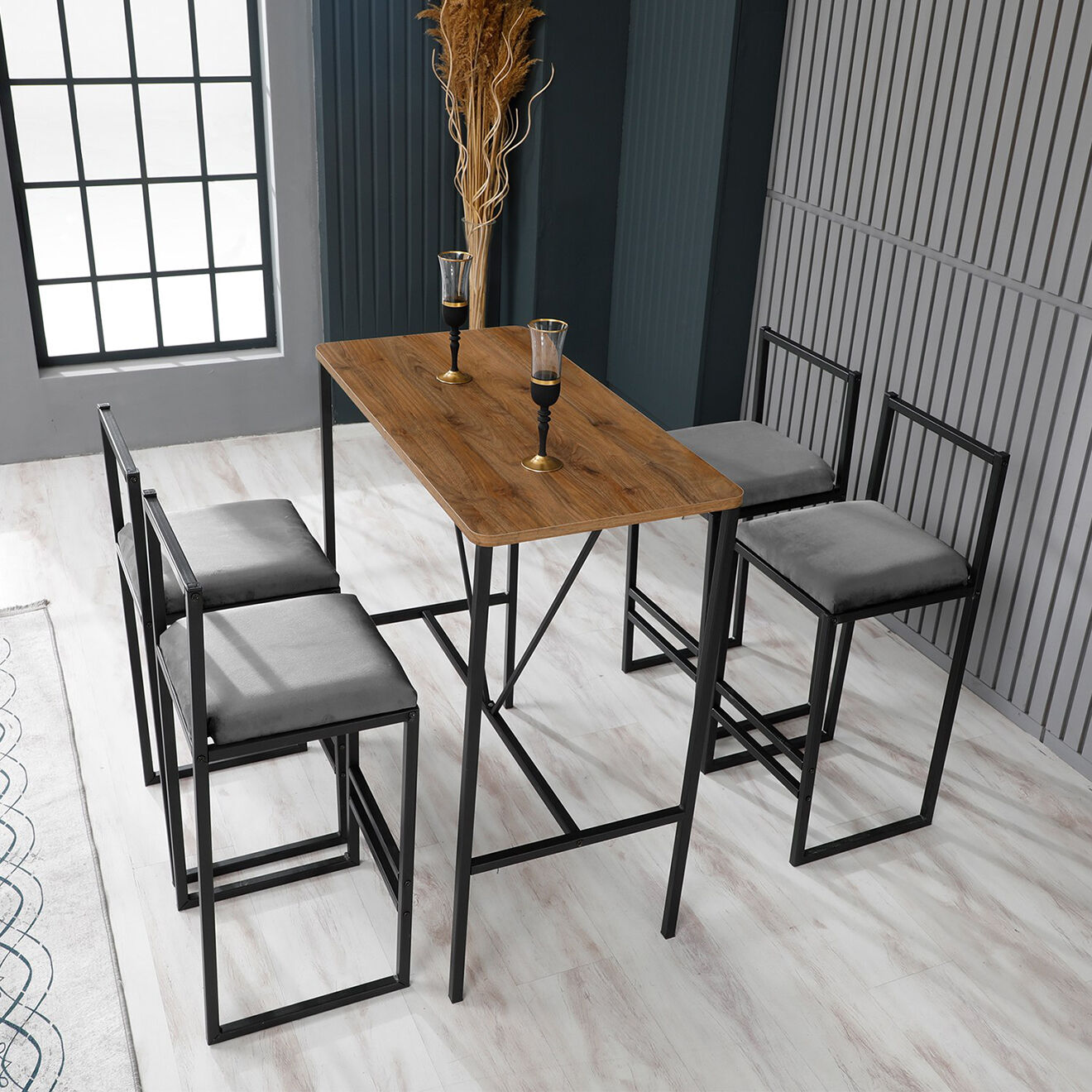 Homitis Table haute + 4 Tabourets de bar Nordic fumée/noyer/noir