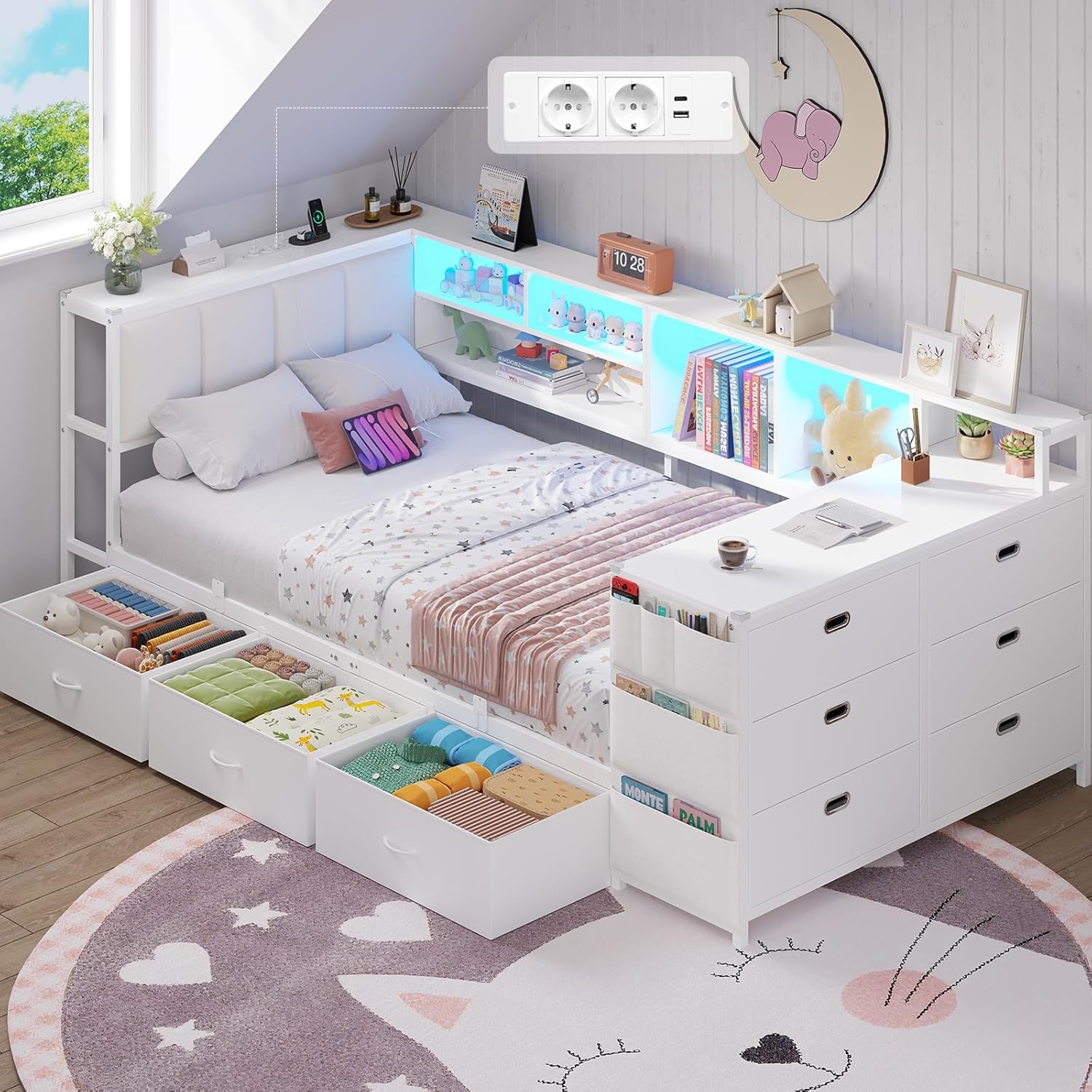 Polsterbett Schlafsofa, Jugendbett 90x200 cm mit 6-Schubladen-Kommode und Integrierter Schreibtisch, Tagesbett mit LED-Beleuchtung und Ladestation, Bett 90x200 cm mit Polsterkopfteil, Weiß AO3238705