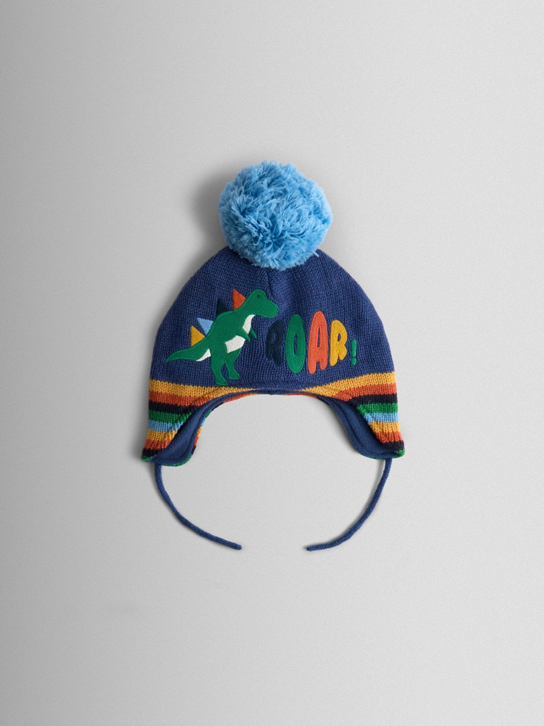 Blauw met dinosaurus - JoJo Maman Bébé Cosy Pom Pom Rib Hat