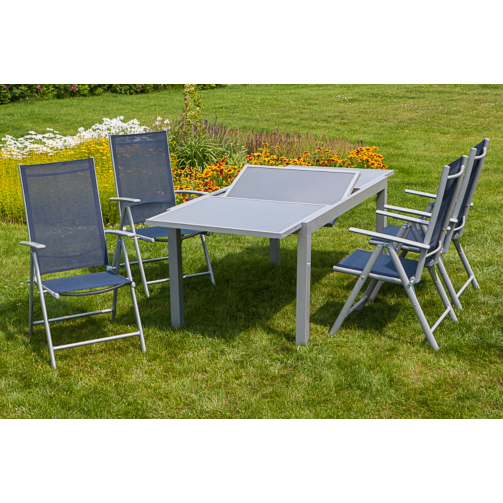 Merxx Tischgruppe Amalfi, 5-tlg marineblau, Tisch 140/200 x 90 cm