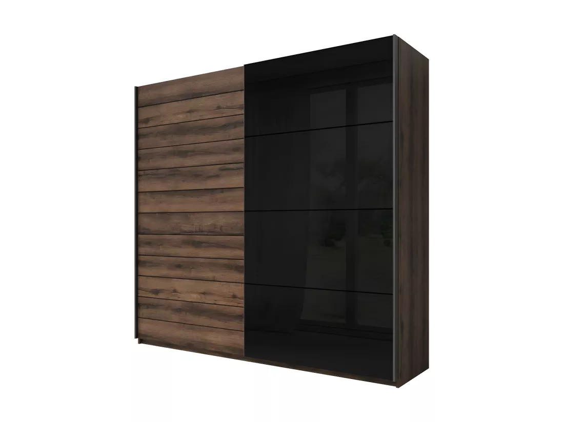 Armoire 2 portes coulissantes 220cm couleur chêne foncé et noir. Collection FLOYD