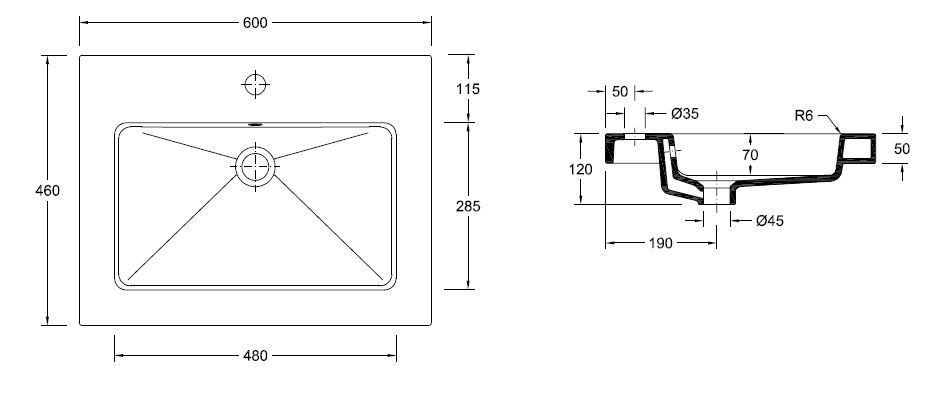 Mueller Single flat meubelwasbak 60x46cm met kraangat