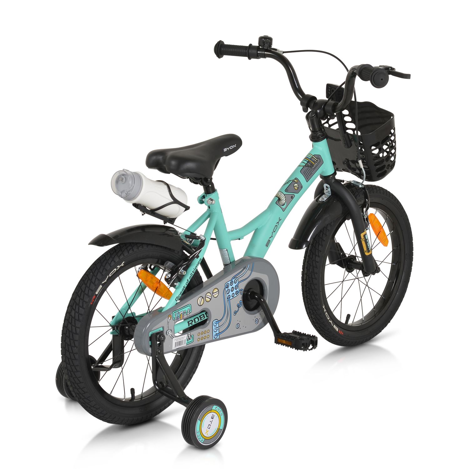 Byox Kinderfahrrad Robo 16 Zoll Stützräder, Flasche, Klingel, Korb, Metallrahmen grün