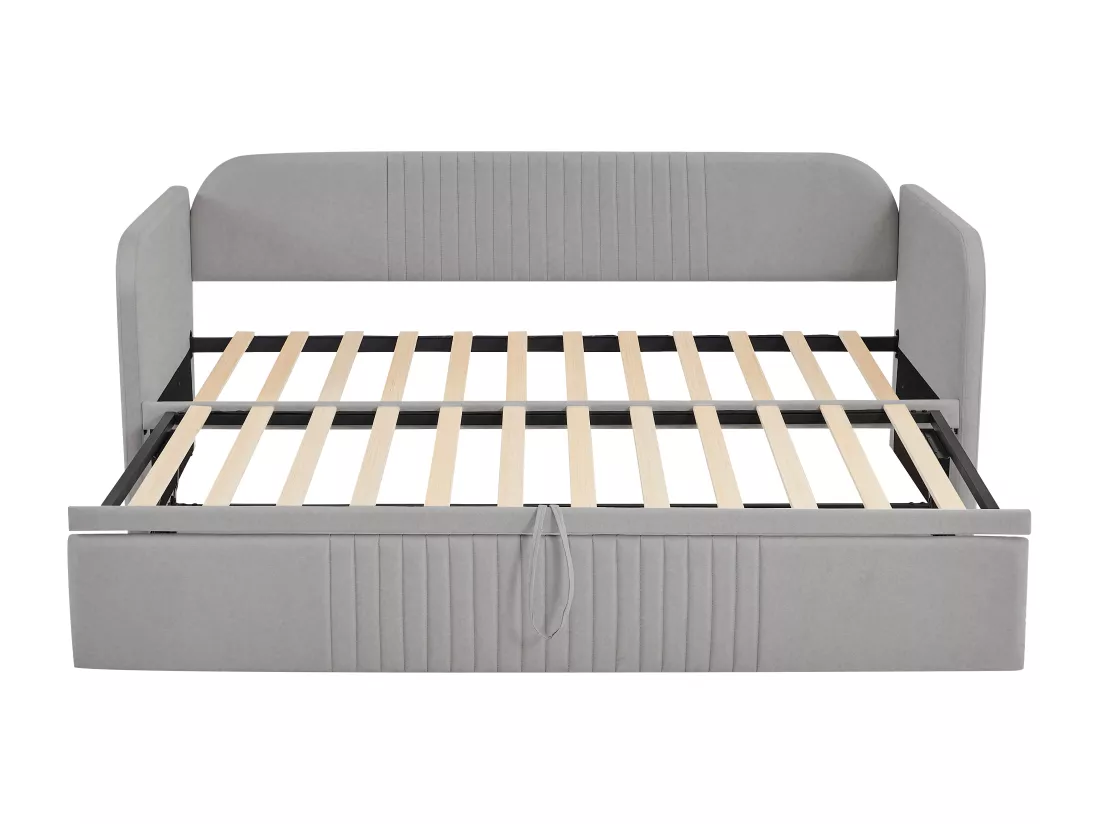 Lit gigogne 90/180x190 cm - lit canapé en tissu lin - avec sommier à lattes - Gris clair
