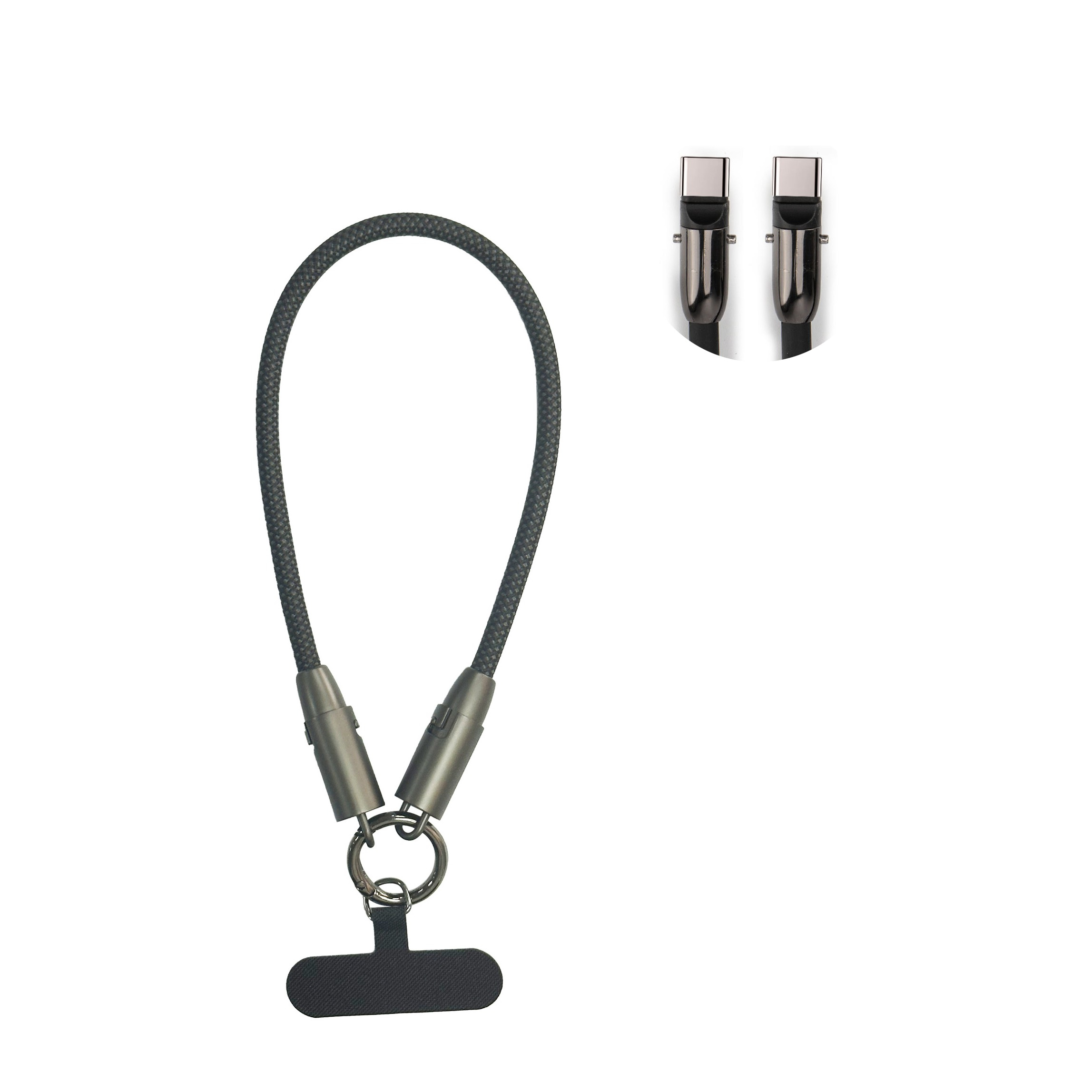 (30cm) 60W 2in1 USB C auf USB C Ladekabel Datenkabel Handy Kette Phone Charms Anhänger Handgelenkschlaufe mit Universal Einlage - Schwarz