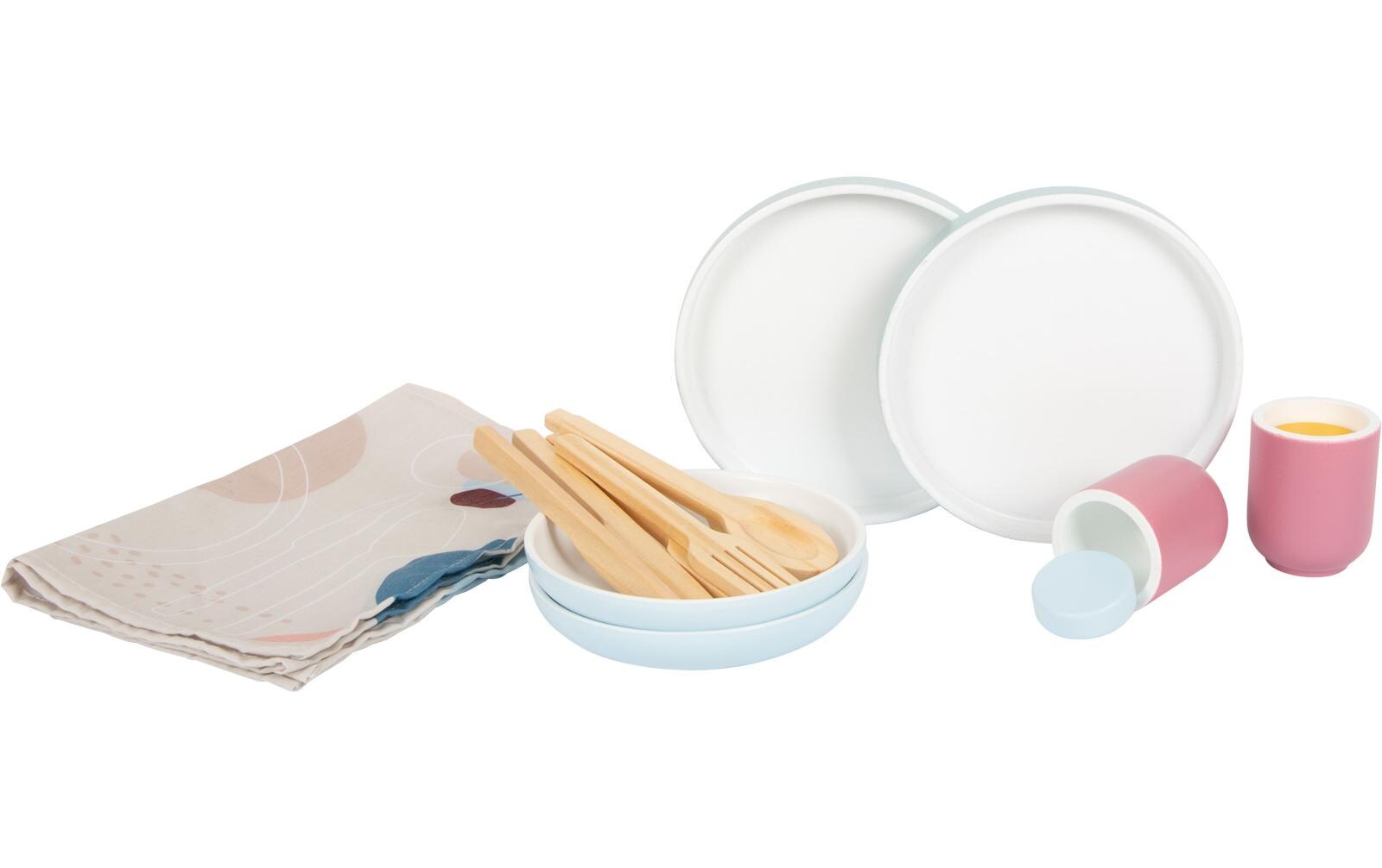 Spiel-Geschirr Set tastyModernes Geschirrset mit Tellern, Bechern, Besteck und Platzdeckchen für zwei Personen