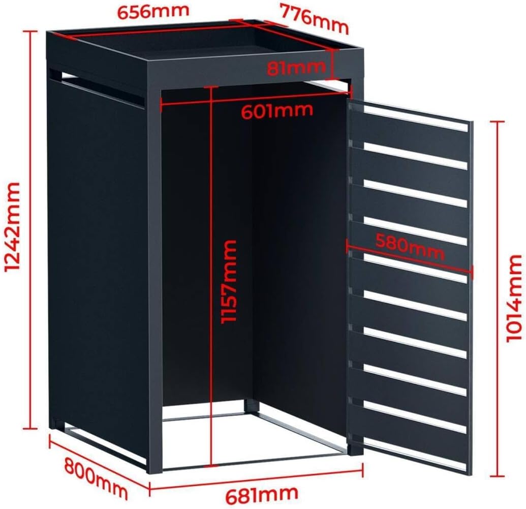 Metzler Mülltonnenbox 4er 240L in Anthrazit & Holzoptik mit Pflanzdach & Sichtstreifen, Mülltonnenverkleidung 4 Tonnen mit Automatikdeckel, Müllbox mit pulverbeschichtetem Stahl rostfrei, abschließbar
