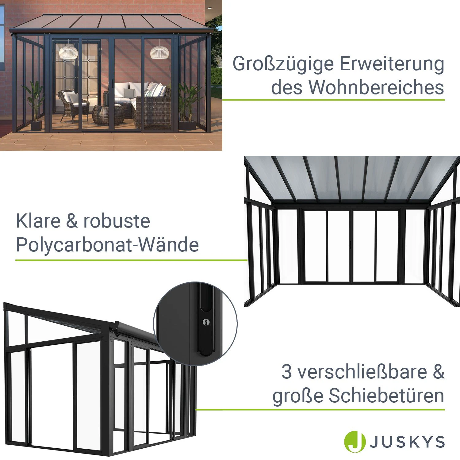 Juskys Wintergarten 12 m² in Grau mit Schiebetüren - UV-Schutz, wasserdicht & winterfest