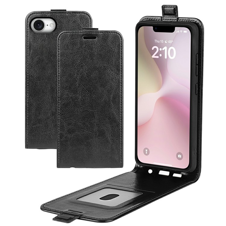 iPhone 16e Leder Tasche Flip Cover Vertikal im Retro Look mit Kartenfach - Schwarz