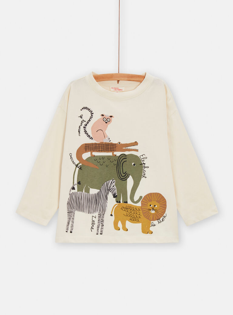 T-shirt écru imprimé et brodé savane pour garçon