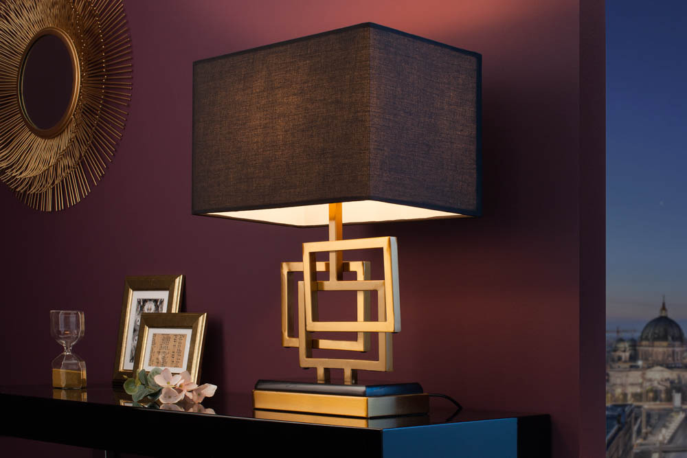 Moderne Tischleuchte ATLANTIS 56cm gold Stoffschirm schwarz Marmor Lampe