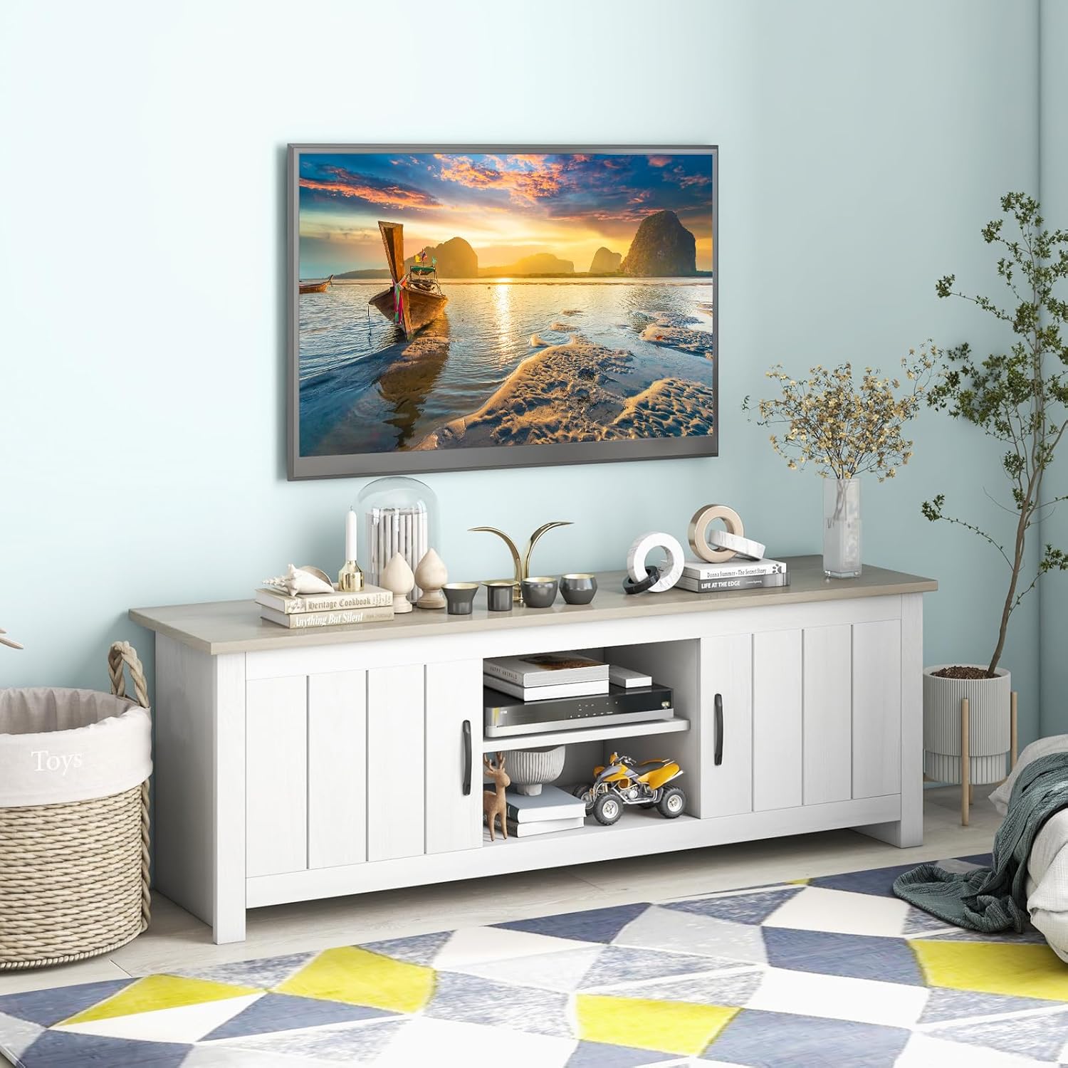 COSTWAY TV Schrank, Lowboard mit 2 Türen und offenen Regalen, TV Ständer für Fernseher bis 65 Zoll, Fernsehtisch, Fernsehschrank für Wohnzimmer, Schlafzimmer, 145 x 40 x 50 cm (Weiß + Grau)