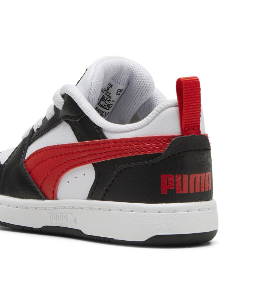 Tênis Puma Rebound V6, branco e preto.