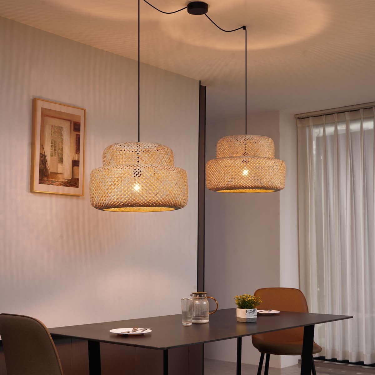 QAZQA - Japandi Japandi-Pendelleuchte I Pendellampe I Hängelampe I Pendellampe I Pendelleuchte I Lampe I Leuchte Schwarz mit Bambus 2-flammig - Kea I Wohnzimmer I Schlafzimmer - Stahl - LED geeignet E