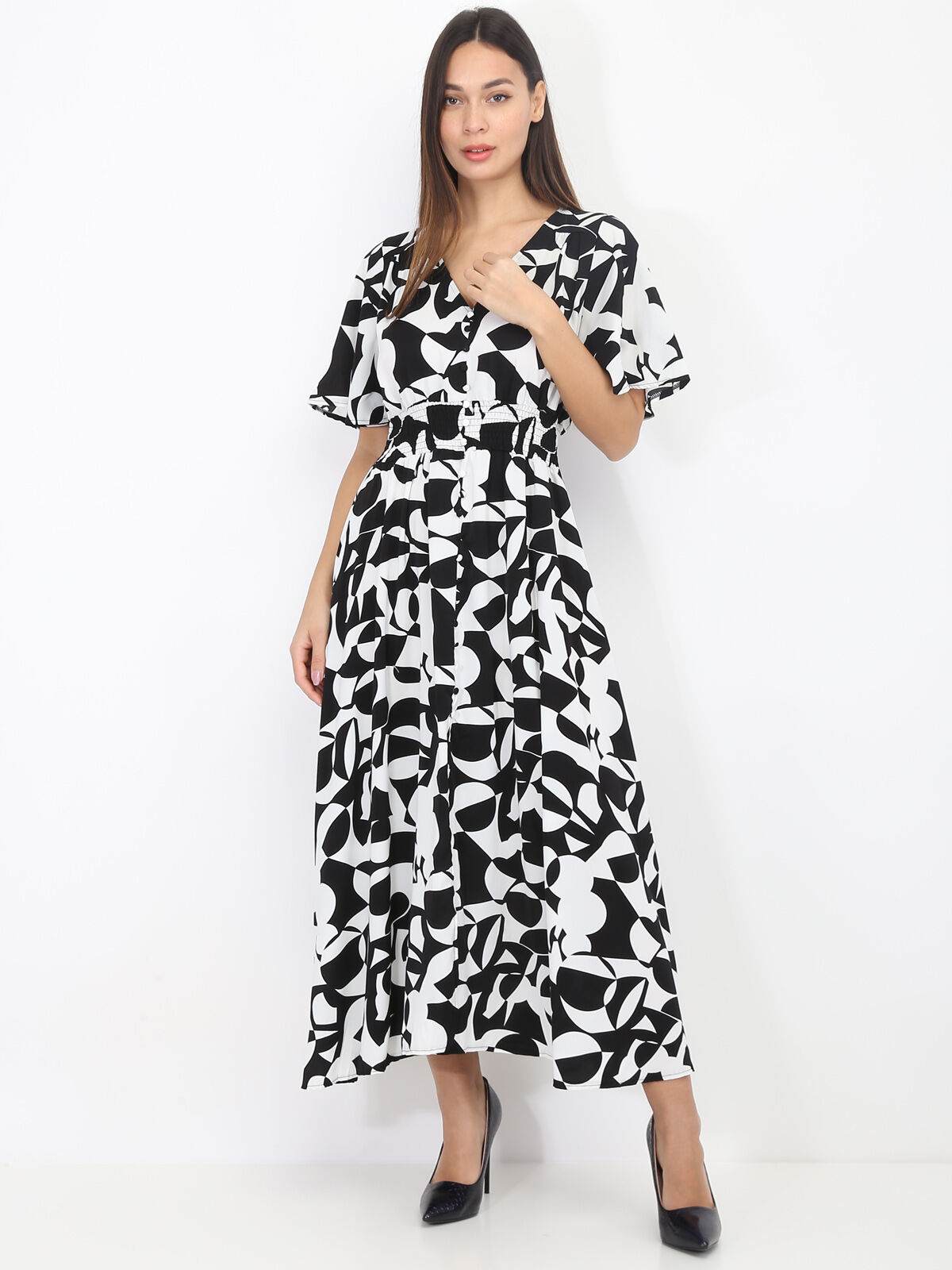 Robe longue fendue à imprimé géométrique- Noir et Blanc