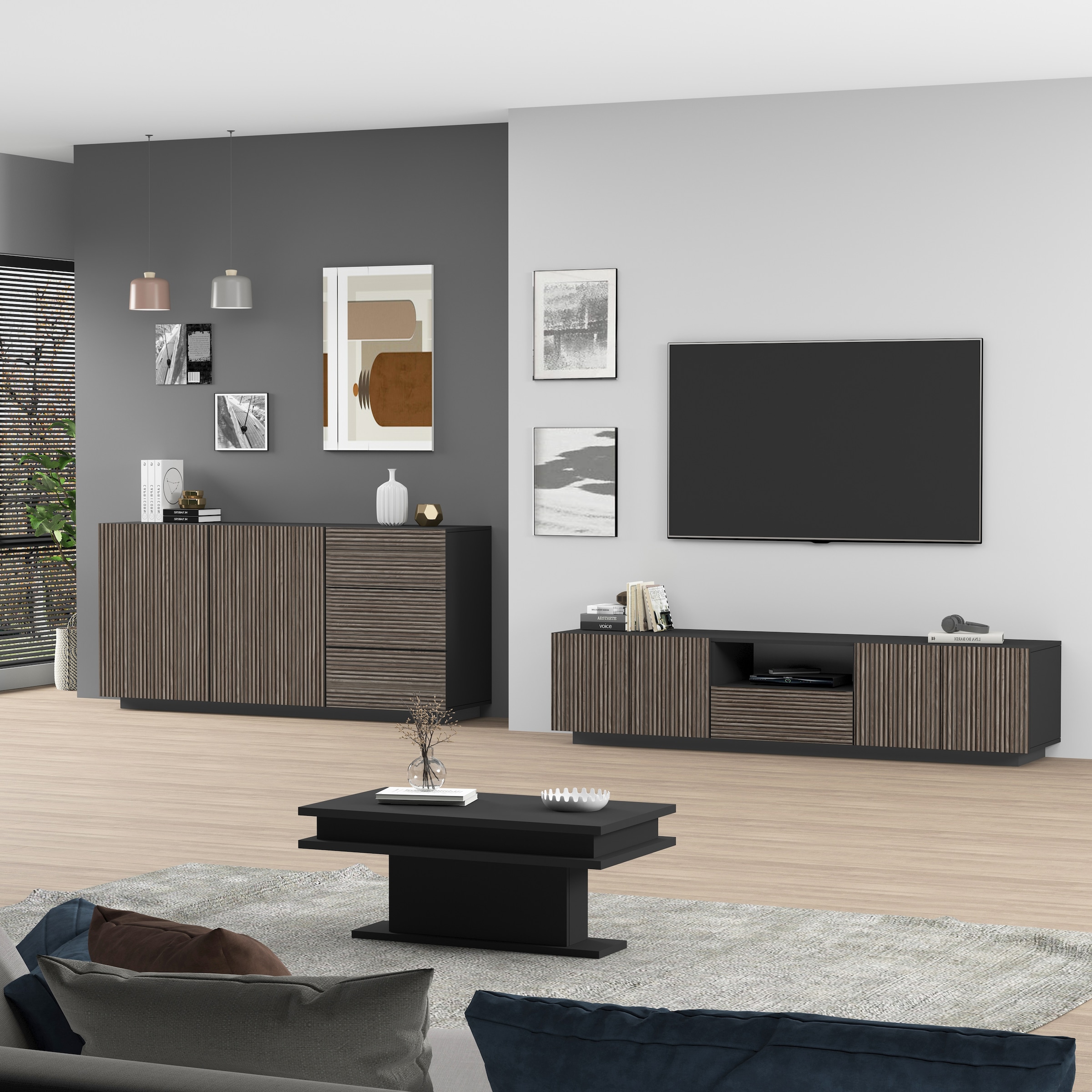 INOSIGN Lowboard »Vega,Lowboard,TV Board,TV Schrank,220 cm« mit 4 Türen und 1 Schublade,Fronten mit Rillen-Optik