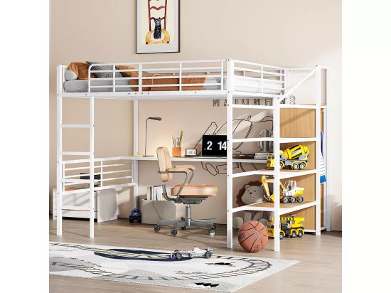 Lit mezzanine 140×200 cm bureau armoire ouverte escalier à marches pour le rangement cadre en fer Blanc