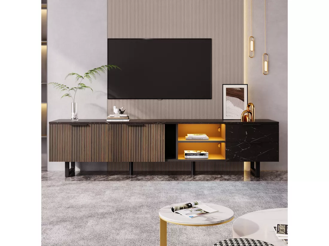Meuble TV avec 2 portes, 2 tiroirs et 2 niches - 200 x 38 x 50 cm - LEDs - Bois MDF - Noir + bois