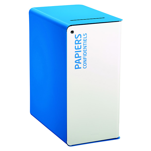 Borne de tri sélectif 65 L avec serrure - cubatri - blanc / bleu ciel 5015 - papiers confidentiels - fente securisee avec deflecteur + serrure cle plate